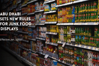 Supermarket shelves with packaged food products in Abu Dhabi