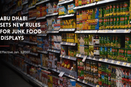 Supermarket shelves with packaged food products in Abu Dhabi