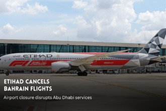 Etihad Airways aircraft at airport after Bahrain flight cancellations.