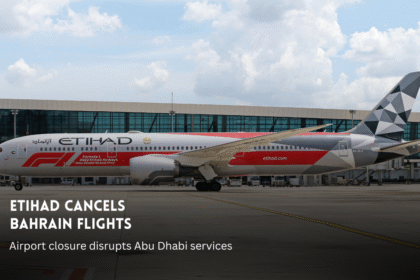 Etihad Airways aircraft at airport after Bahrain flight cancellations.