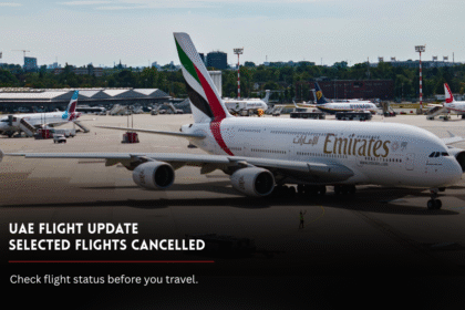 Emirates aircraft at an airport during UAE flight update on Kuwait route cancellations.