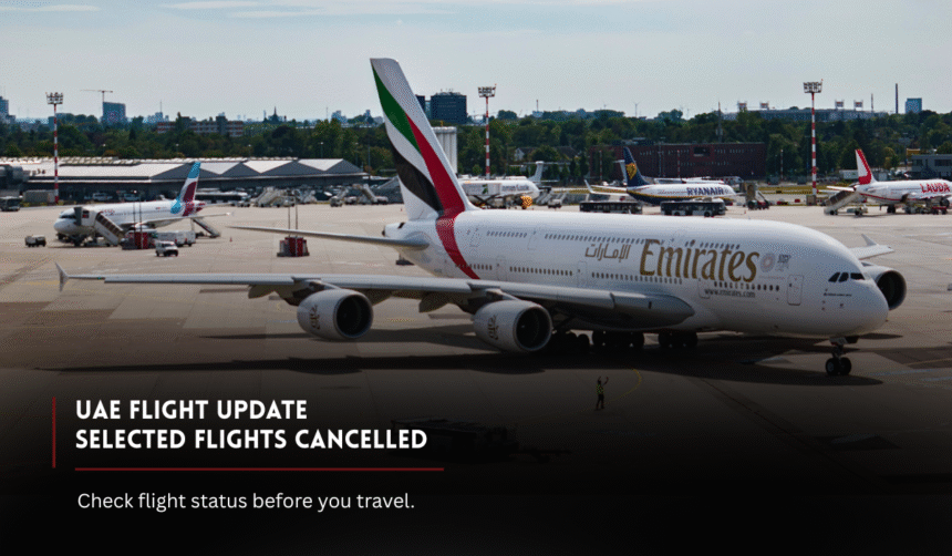 Emirates aircraft at an airport during UAE flight update on Kuwait route cancellations.
