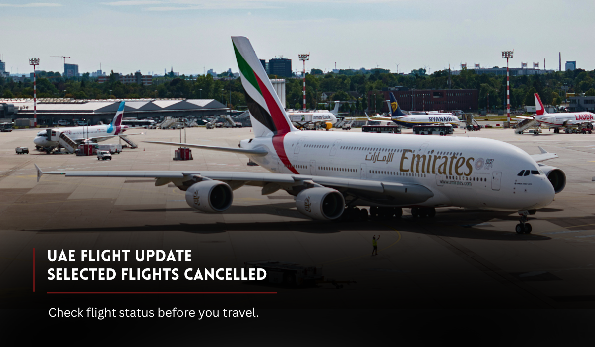 Emirates aircraft at an airport during UAE flight update on Kuwait route cancellations.