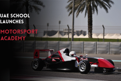 Race car on track for UAE school Motorsport Academy at Dubai Autodrome.
