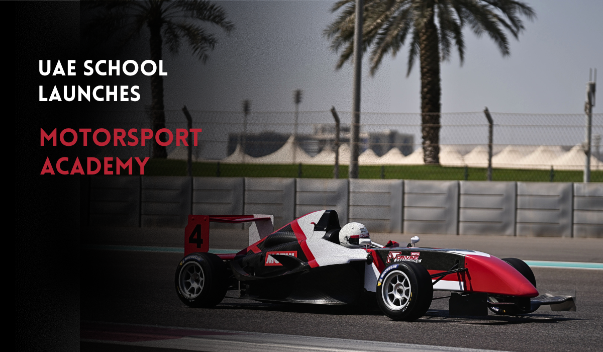 Race car on track for UAE school Motorsport Academy at Dubai Autodrome.