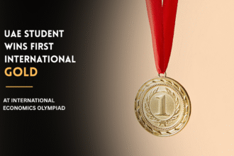 Gold Medal representing the UAE student's historic individual gold win at the international Economics Olympiad.