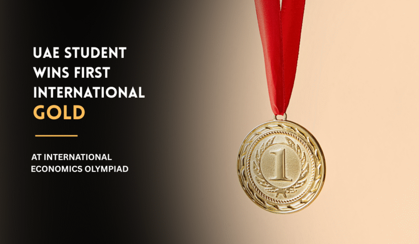 Gold Medal representing the UAE student's historic individual gold win at the international Economics Olympiad.