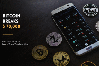 Bitcoin price above $70,000 with cryptocurrency coins.