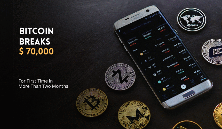 Bitcoin price above $70,000 with cryptocurrency coins.