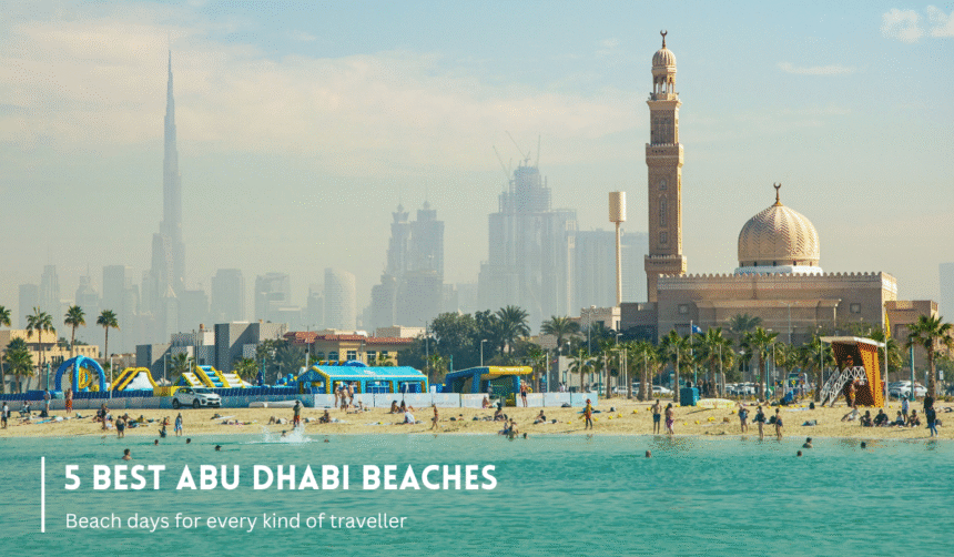 Abu Dhabi beach and mosque skyline.