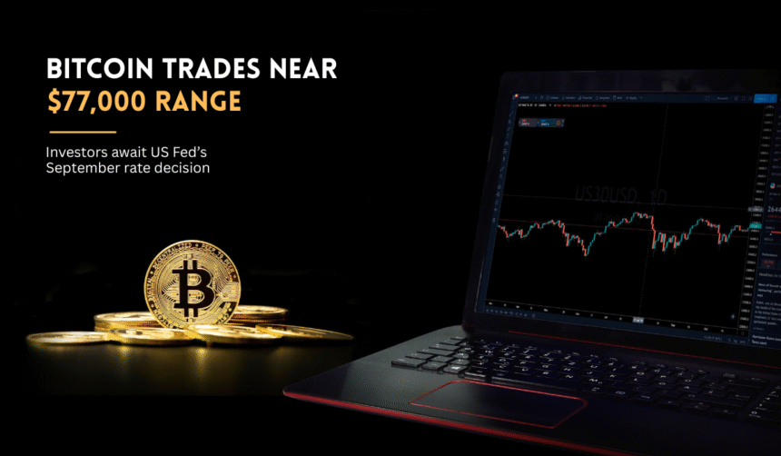Bitcoin trading near $77,000 as investors await the US Fed's rate decision.