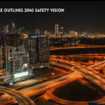 Dubai skyline and roads at night.