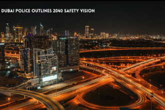 Dubai skyline and roads at night.