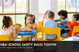 Students having lunch in a school cafeteria.