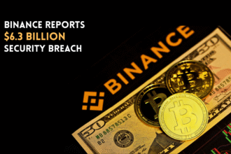 Binance logo with bitcoin coins.