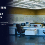 Nuclear control room with monitoring panels and emergency systems.
