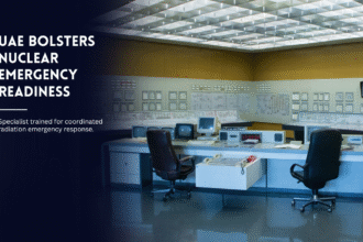 Nuclear control room with monitoring panels and emergency systems.