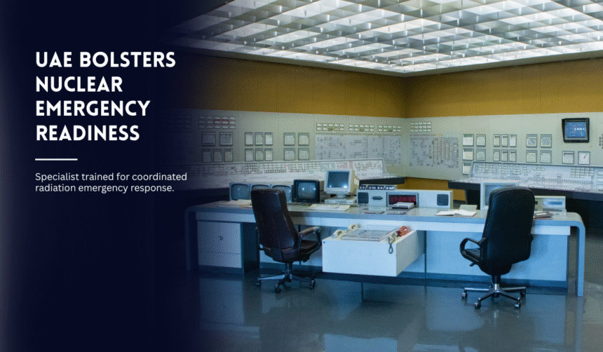 Nuclear control room with monitoring panels and emergency systems.