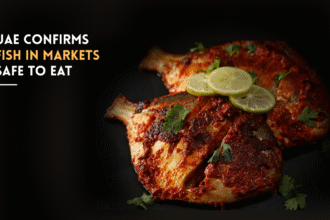 Grilled fish with lemon slices on a plate.