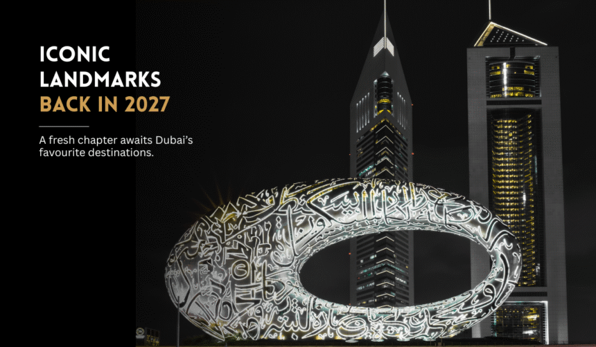 Museum of the Future illuminated at night in Dubai.