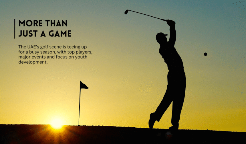 Golfer swinging at sunset on a golf course.